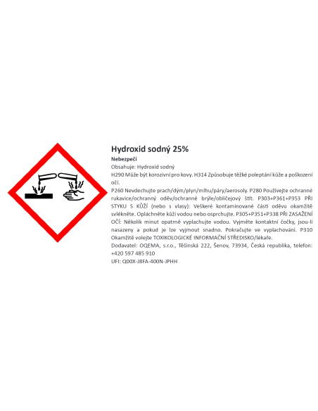 Hydroxid sodný 25%, etiketa